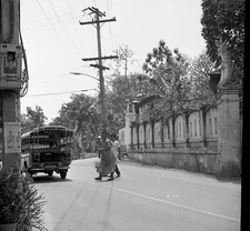 Vintage Negative B&W Med Format Pro People Asian Men Monks taking a Stroll #417