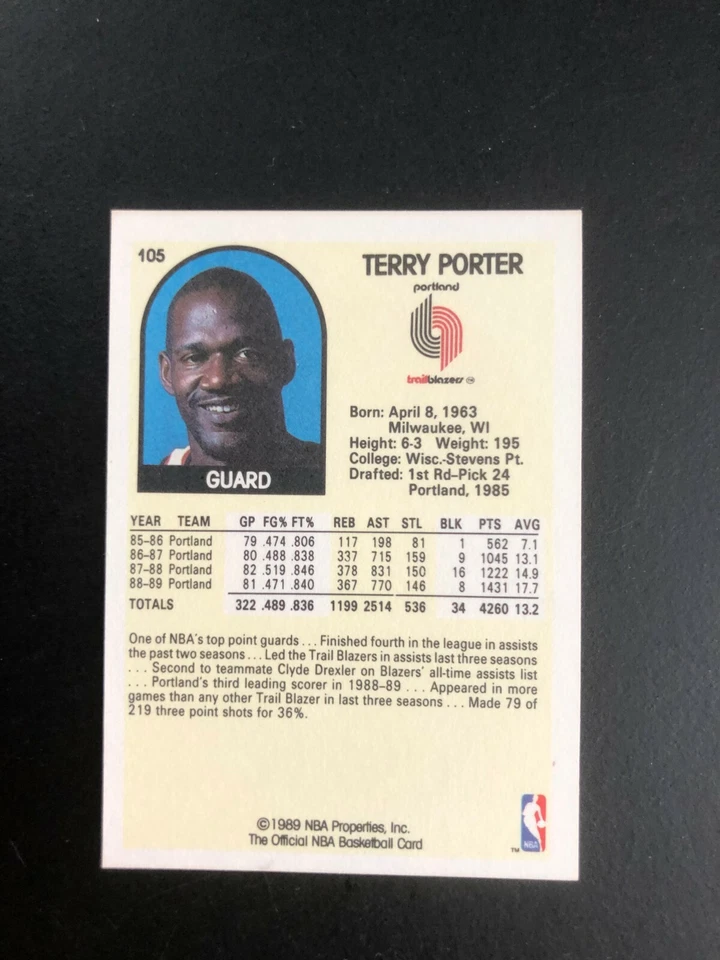 1989 TERRY PORTER NBA Hoops Portland Trailblazers a Basketball Card # 105 - Image 4 of 4