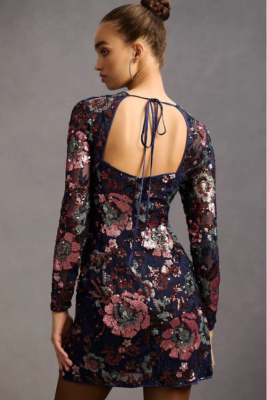 Anthropologie Sequin Mini Dress Lace Floral Embroidered Size US4 UK8 Navy |  eBay UK