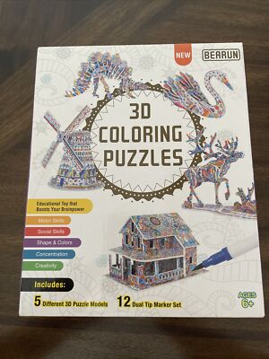 Bearun 3D Coloring Puzzles NIB Swan, Reindeer, Windmill, Dinosaur, House