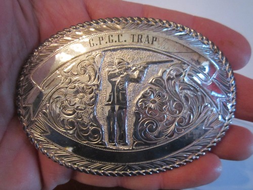 Boucle De Ceinture Vintage 1976 Skeet Shooting - Crumrine, Dimensions 3 3/4 X 2 5/8 Pouces