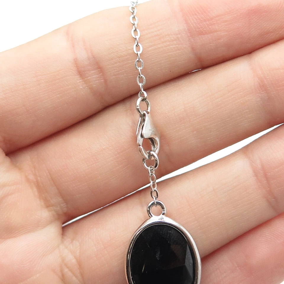 925 Sterling Silver Real Oval-Cut Black Spinel Flat Cable Chain Necklace 20" Foto 4 de 4