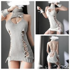 Robe Mini Tricotée Creuse Blanche Grise Sans Manches Dos Nu Sexy
