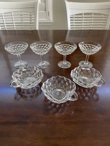 4 Fostoria American High Foot Flared Sherbets, & (3) 4.5” Square Handled Nappy