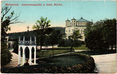CPA AK Marienbad Ambrosiusquelle u kath. Kirche CZECHOSLOVAKIA (619621)