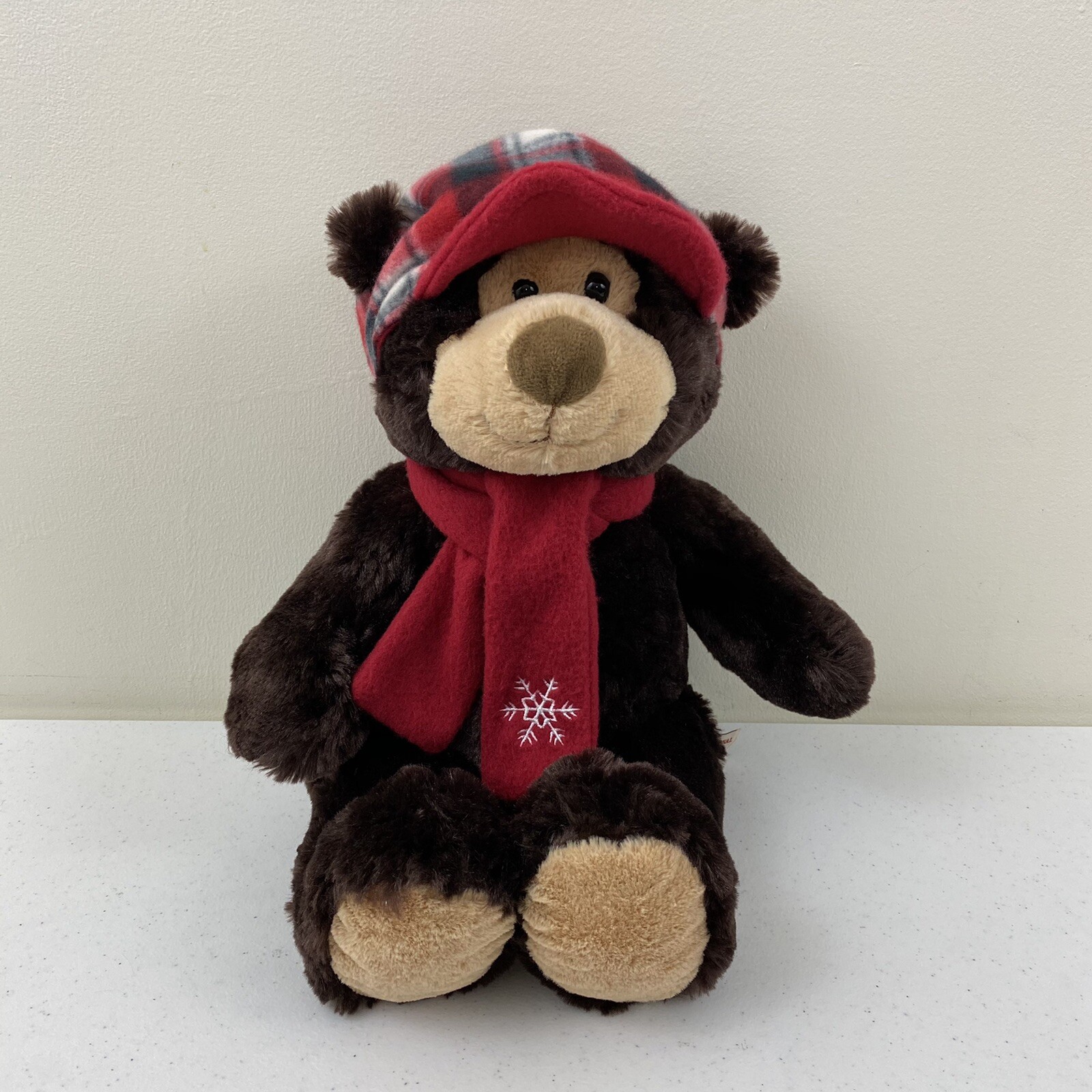 Hugfun International Brown Plush Teddy Bear Red Scarf, Snowflake, Plaid Hat