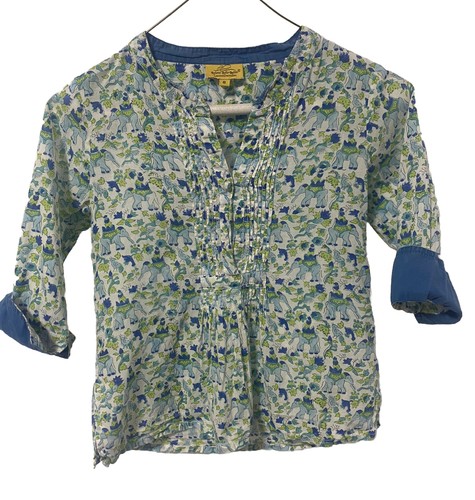 Roberta Roller Rabbit Girls Blouse Top Blue Green Elephant cotton Size 8 - Picture 2 of 11