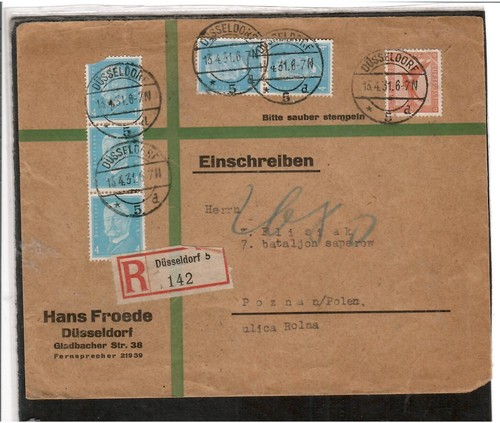 785 - DUESSELDORF 13.4.31 / RECOMMENDED WITH INTERESTING POSTAGE