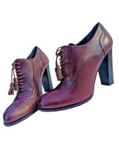 Bally Burgundy Brogue Oxford Heels Tassel Lace Block Heel 38.5 Swiss