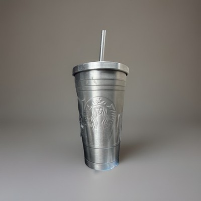 Starbucks Silver Stainless Steel Tumbler Siren Logo Cold Cup & Straw 16 Oz