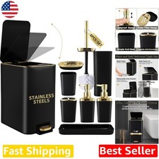 Elegant 8 Piece Black Gold Bathroom Set Durable Stainless Steel Trash Can Kit