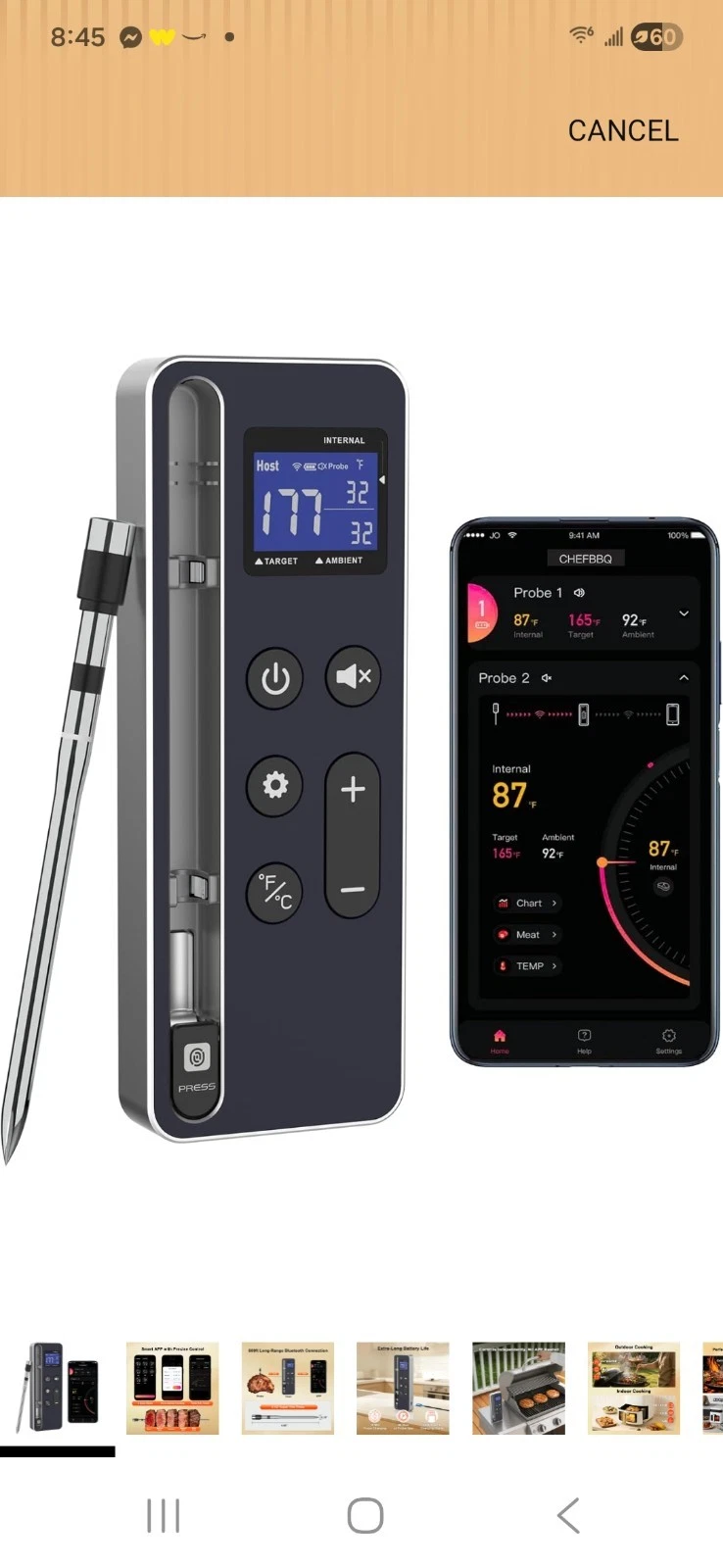 Wireless Smart Meat Thermometer with APP Alerts & 800Ft Range - Bluetooth Grill