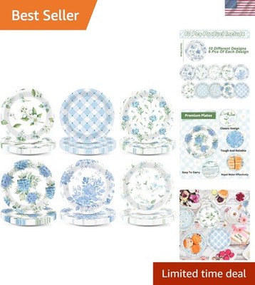 60Pcs Blue White Floral Paper Plates for Tea Party Decorations 7in Vintage Fl...