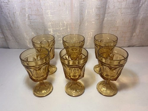Lot Of 6 Vintage Anchor Hocking Fairfield Amber Water Goblets 6” Tall Glasses