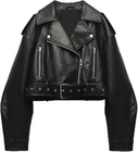LY VAREY LIN Women Faux Leather Cropped Biker Jacket Belted Zipper XL