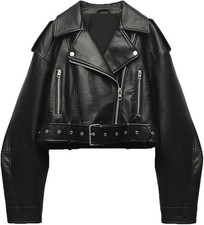 LY VAREY LIN Women Faux Leather Cropped Biker Jacket Belted Zipper XL