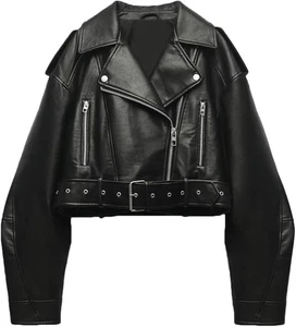 LY VAREY LIN Femmes Faux cuir Croped Biker Veste Ceinture Zipper XL