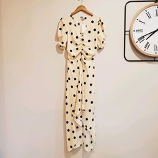 Sz S Women's Crepe Short Sleeve Midi Dress - A New Day - Beige Polka Dots