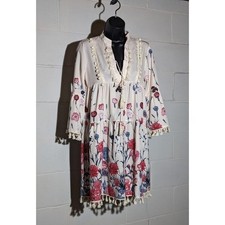 Floral Print Tassel Trim Tunic Dress Bell Sleeve Tiered Boho Small