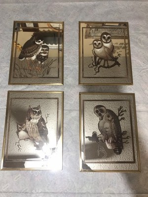 Vintage Brytone Owl Mirrors Set Of 4 9'' x 12'' RARE W/Gold Metal Frames