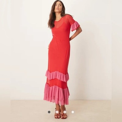 NEVER FULLY DRESSED Red & Pink Katie Dress Maxi Midi Size 6 NWT New Mesh Ruffle