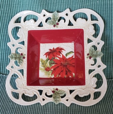 Grasslands Road ''Let Nature Sing'' Lace Candy Dish Holiday Poinsettia Design