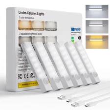 Rechargeable Motion Sensor Under Cabinet LED Lights, Dimmable, 6-Pack