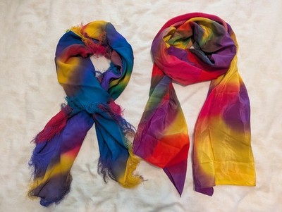 Two 100% Silk Colorful rainbow tie dye rectangle scarf