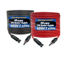 WindyNation 10 Gauge 10 AWG Pair 100 Feet Black +100 Feet Red PV Photovoltaic...