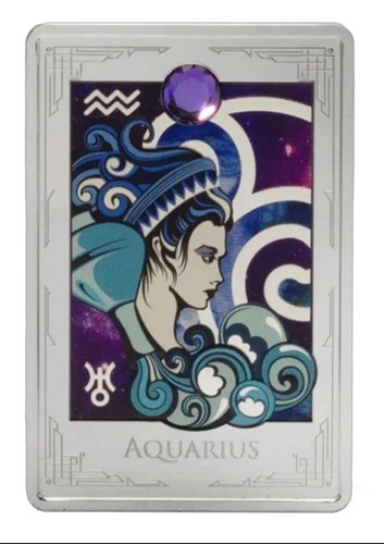 2025 Agoro Star Signs of the Zodiac - Aquarius 2 oz Colorized Proof Silver Coin - Picture 2 of 3
