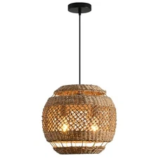 Rattan Pendant Light,13.78" Boho Wicker Seagrass Pendant Light 2-Light Hand 