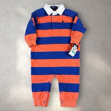 Vtg NOS Polo By Ralph Lauren 12M Baby Rugby One Piece Romper Stripe Blue Orange