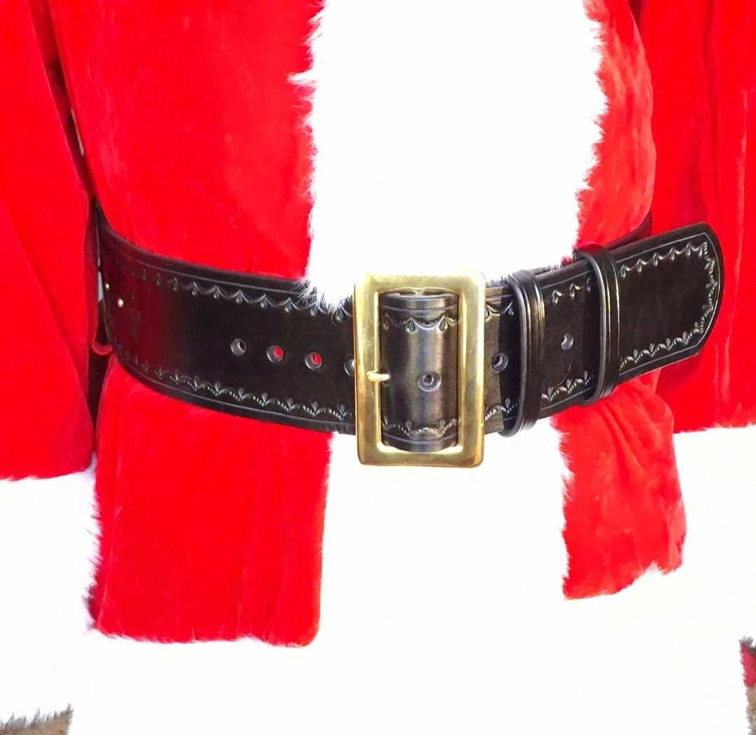 Santa Claus Leather Belt - 4 Inch Wide, Genuine Cowhide, Brass Buckle, Sizes 50-55, Made In USA