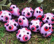 Qty. 10 - 18 x 10mm Bumpy Pink, Red & Black Lampwork Glass Beads