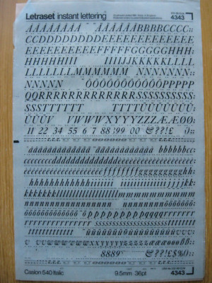 1 x Letraset Upp/Low & Num CASLON 540 ITALIC 36pt 9,5mm Bogen 4343 (bb)