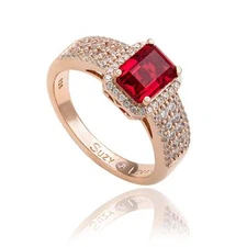 Suzy Levian Rose Sterling Silver Emerald-Cut Red and White CZ Halo Ring