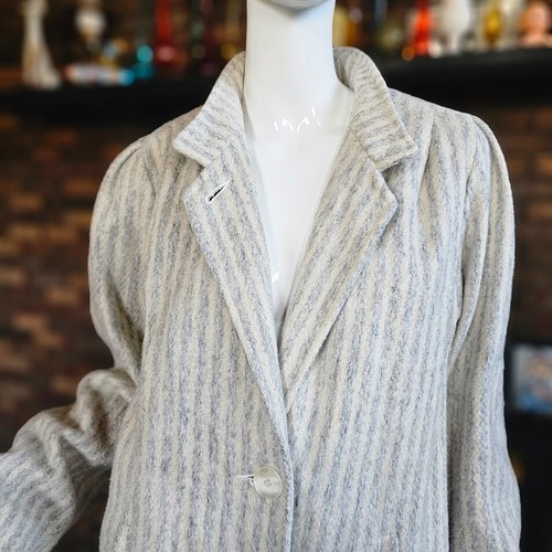 Vtg 80s Wool Puff Sleeve Pinstripe Hipster Chic NYG Wool Long Blazer Coat M/L - Picture 7 of 9