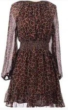Old Navy Size XS Brown Black Leopard Sheer Long Sleeve Waist-Smocked Mini Dress