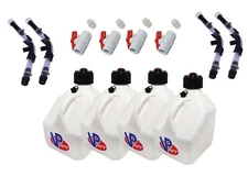 VP Racing 4 Pack White Square 3 Gallon Fuel Jugs+ Hose, Hose Bender & Ball Valve