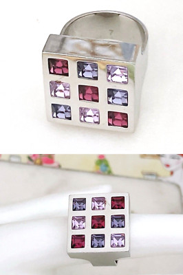 SWATCH Jeweled Square ring, Silvertone, Purple-Lavender Crystal, Size 7