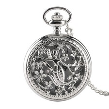 Silver Hollow Out Flower Case Unisex Analog Quartz Pocket Watch Necklace Chain