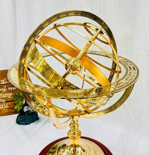 18" Inch Wooden-brass armillary sphere table decor Antique gold nautical maritim - 第 4/41 張圖片