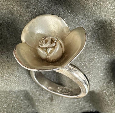 CHANEL Ring White Camellia Flower Coco Mark CC Logo Silver Tone