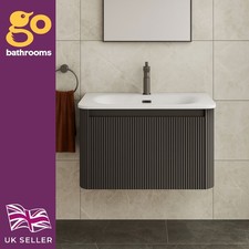 Image of Grey Ribbed Vanity Unit Wave 800mm Wall Hung 2 Drawer & White Ceramic Basin