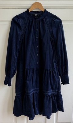 ME+EM Corduroy Short Tiered Swing Dress Blue Long Slv. Sz UK 6/US 2 Tie Belt