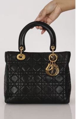 Lady Dior Medium Black Cannage Quilted Top Handle Bag Gold Hardware 