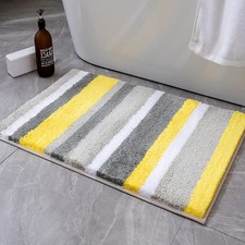 Fluffy Bathroom Rug Microfiber Striped Bath Mat 16x24 Inch Yellow Grey Non Slip