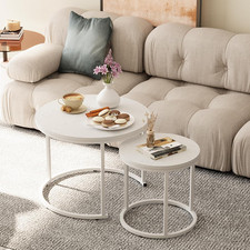 Modern Nesting Coffee Table Set of 2, Round Wooden  Metal Side Tables, White