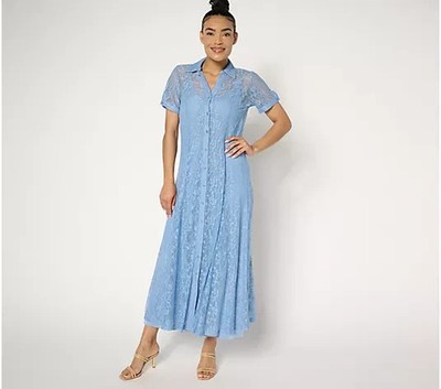 Susan Graver  Stretch Lace Button Front Midi Dress Shadow Blue Petite XS A687845