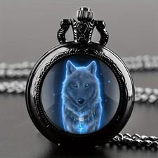 Exquisite Wolf Animal Pattern Quartz Pocket Watch with Necklace Pendant World-Ti